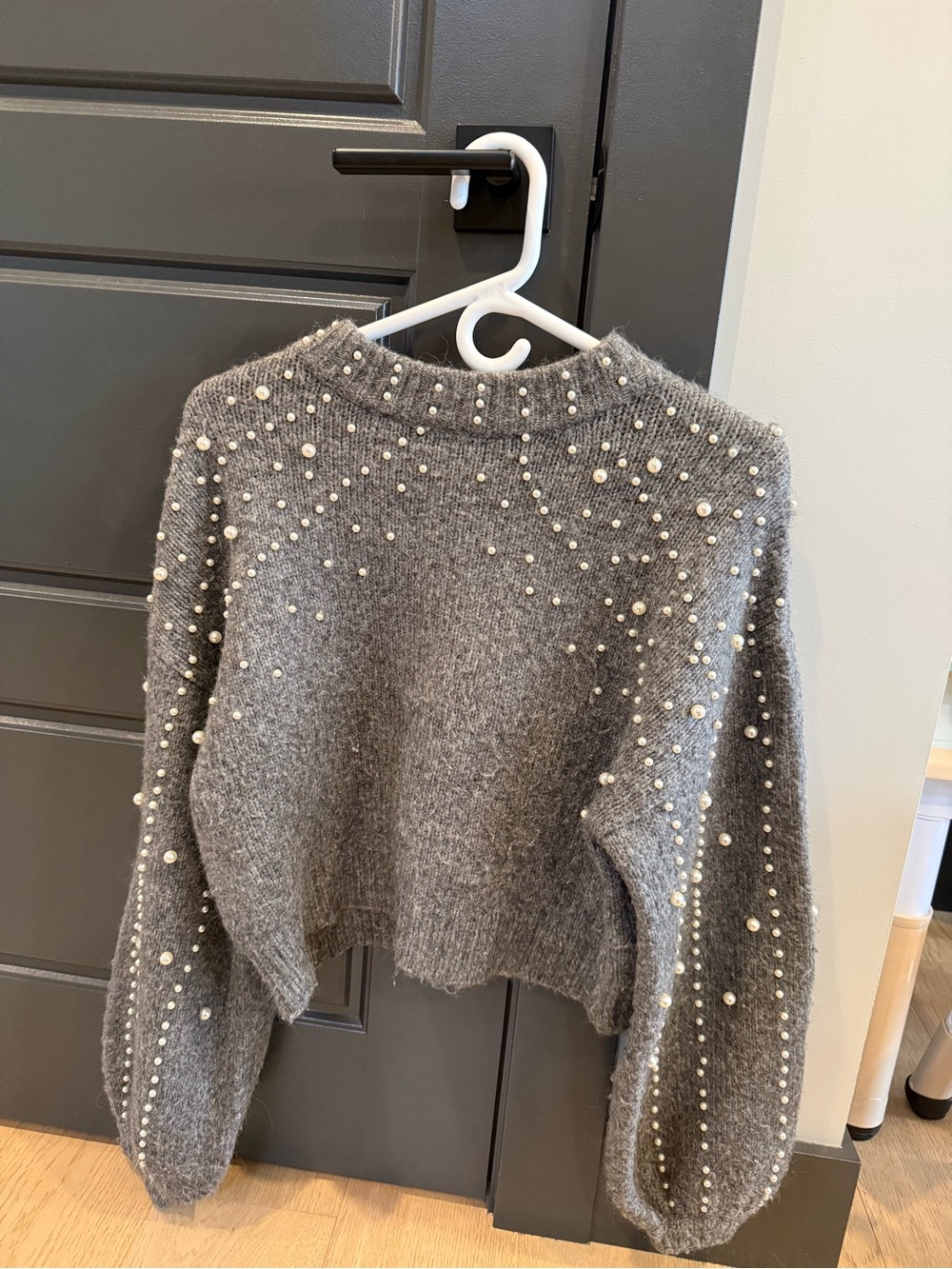 Zara Gray Pearl-Embellished Turtleneck Sweater